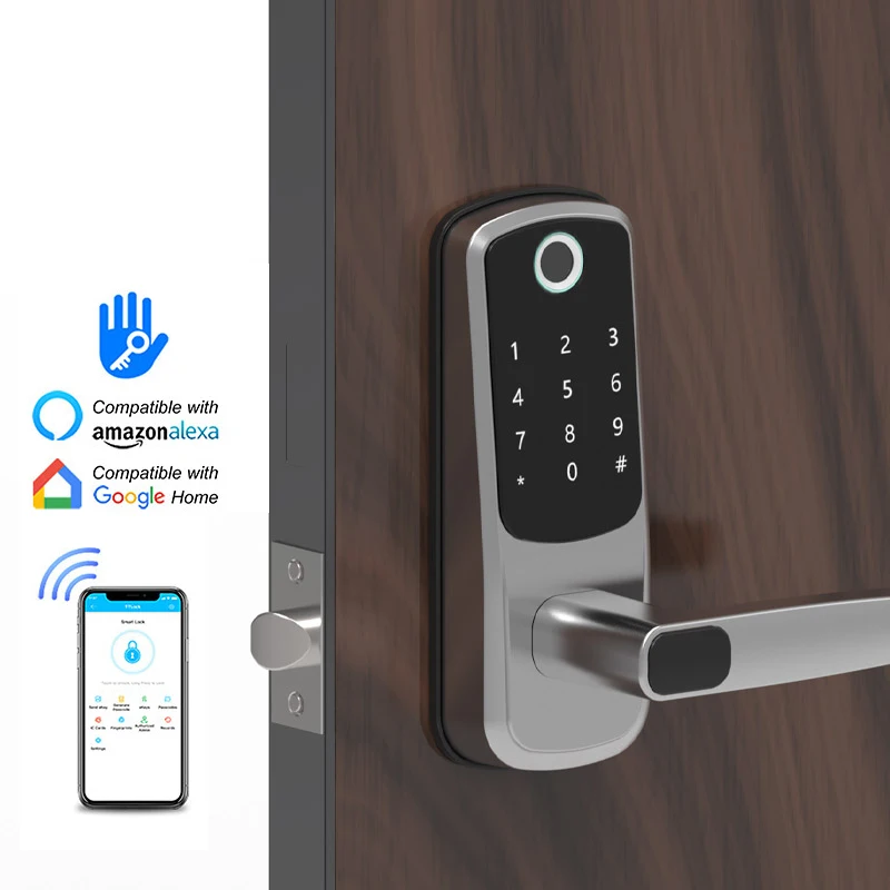 Review New Electronic Security Smart Bluetooth App WiFi Digital Code IC Card Biometric Fingerprint Door Lock on Wooden Door  for Home