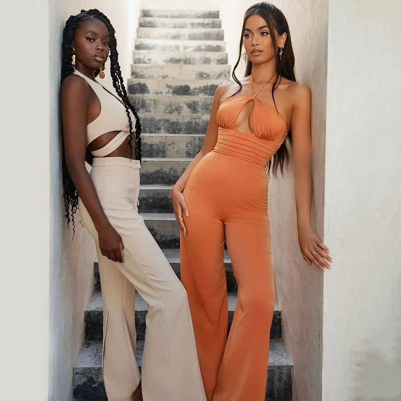

CHRONSTYLE Summer Sexy Jumpsuits Women 2021 Elegant Hollow Out Backless Party Wed Leg Rompers Bodycon Halter Clubwear Outfits