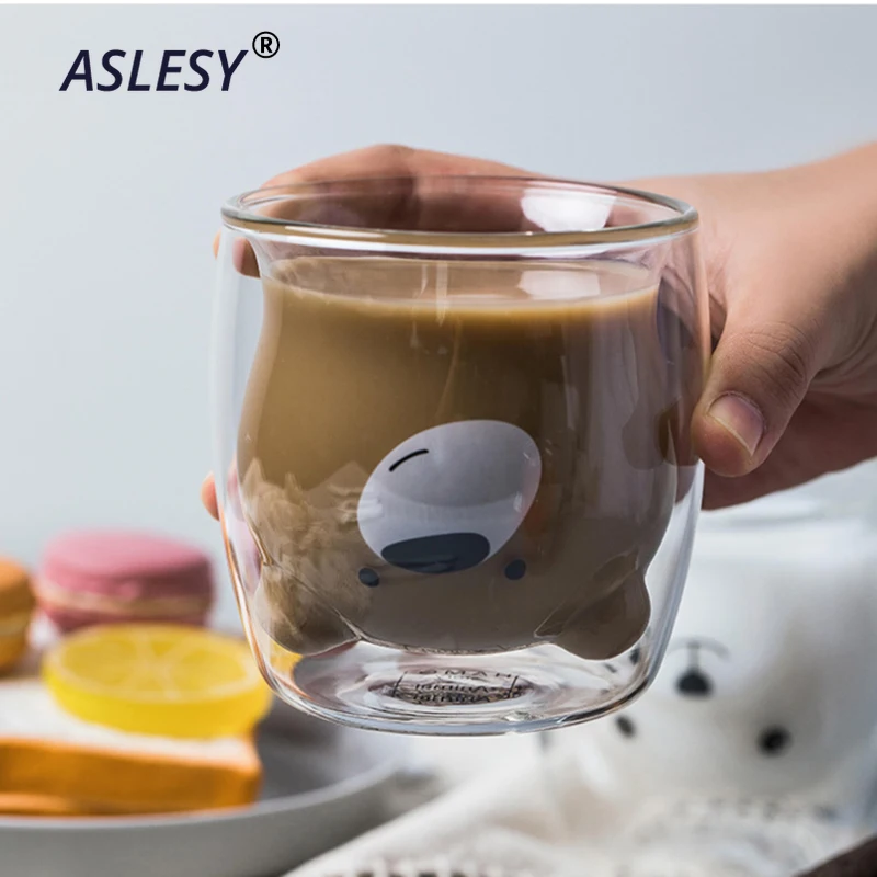 

Cute Bear Shaped Double Wall Glass Mugs Resistant Kungfu Tea Mug Milk Lemon Juice Cup Drinkware Coffee Cups Mug Gift Child Love