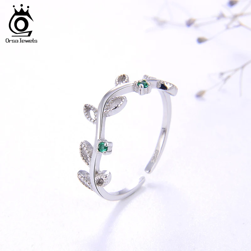 ORSA JEWELS Настоящее серебро 925 регулируемые кольца Для женщин Лист Форма 4 стиль по желанию Зеленая прозрачная AAAA фианит несколько колец ювелирные изделия SR143