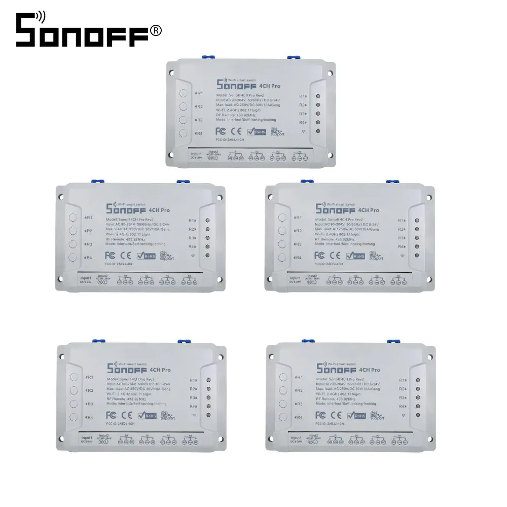 Itead Sonoff 4CH Pro R2 433 МГц 4 канала RF беспроводной пульт дистанционного управления Wifi умный переключатель инчинг интерлок реле Alexa Google Home - Комплект: 5pcs