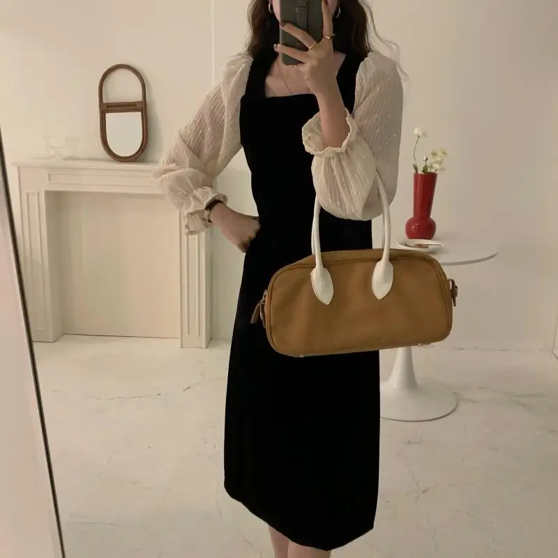 

COIGARSAM Office Lady Patchwork Women dress New Spring French Style Full Sleeve Lace Solid Dresses Black Apricot 9570