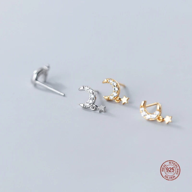 

LKO 925 Sterling Silver Shiny Inlaid Zircon Star Moon Sweet Small Stud Earrings for Women Party Trendy Jewelry Accessories