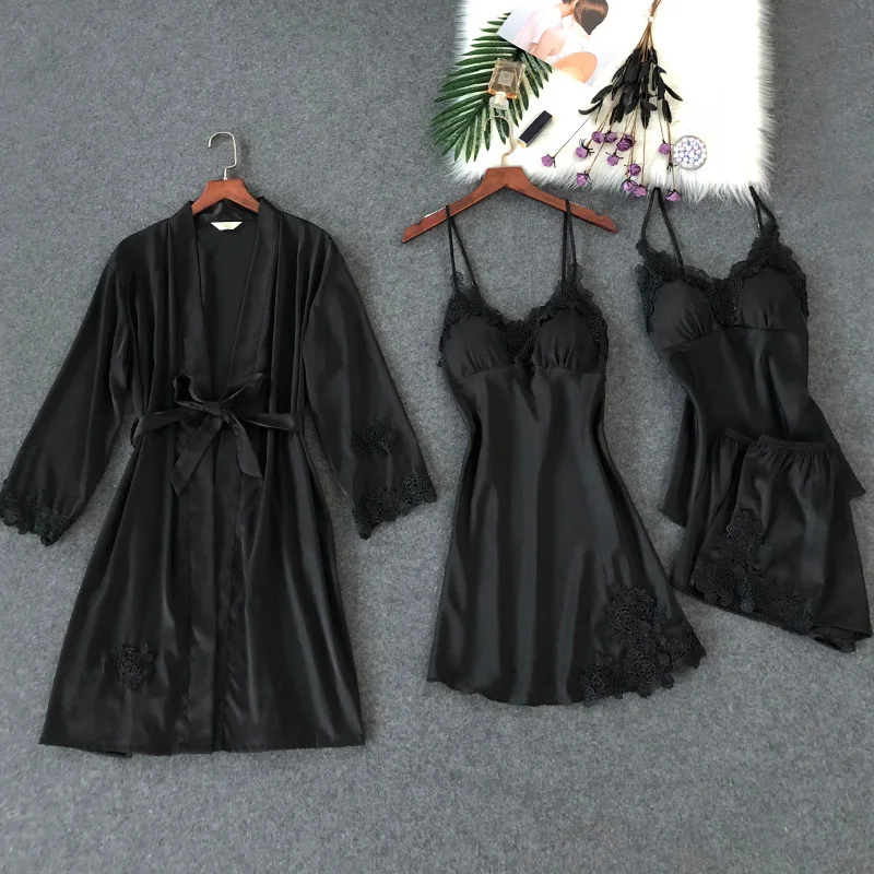 

Women Pajamas 4 Pieces Satin Sleepwear Pijama Silk Home Wear Home Clothing Embroidery Sleep Lounge Pyjama with Chest Pads