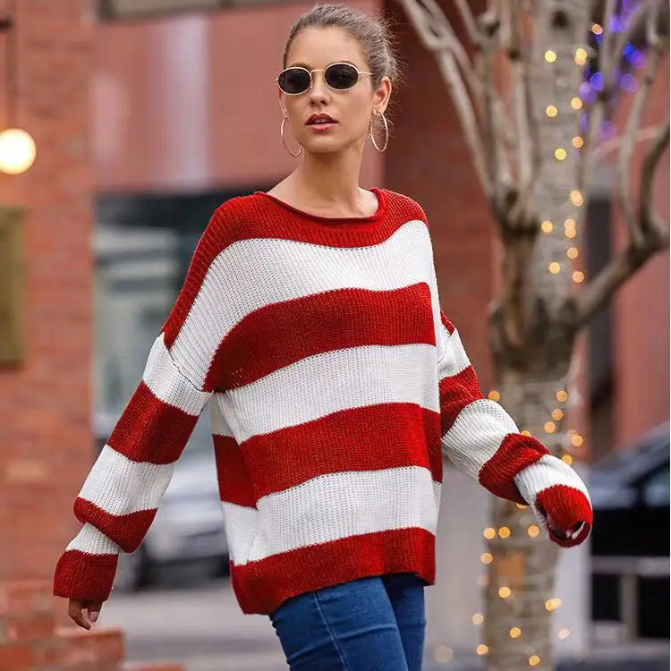 

Sweater Women's Curled Collar Striped Contrast Knitted Sweater