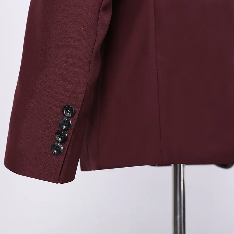 

2020 Men Wine Red Color Black Collar Suit Host Suit Set Youth Leisure Suit Two Pieces