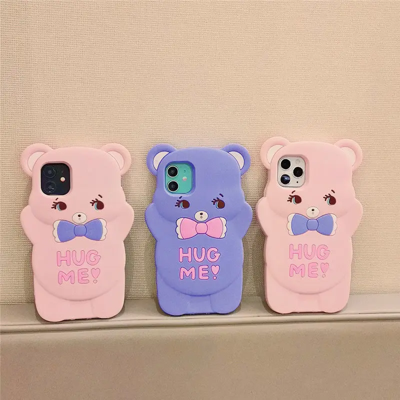 

3D Cute Cartoon Silicon Bow Tie Bear Phone Case For Iphone 7 8 Plus X XR XS 11 12Pro Max Shockproof Cover with Lanyard Case Capa