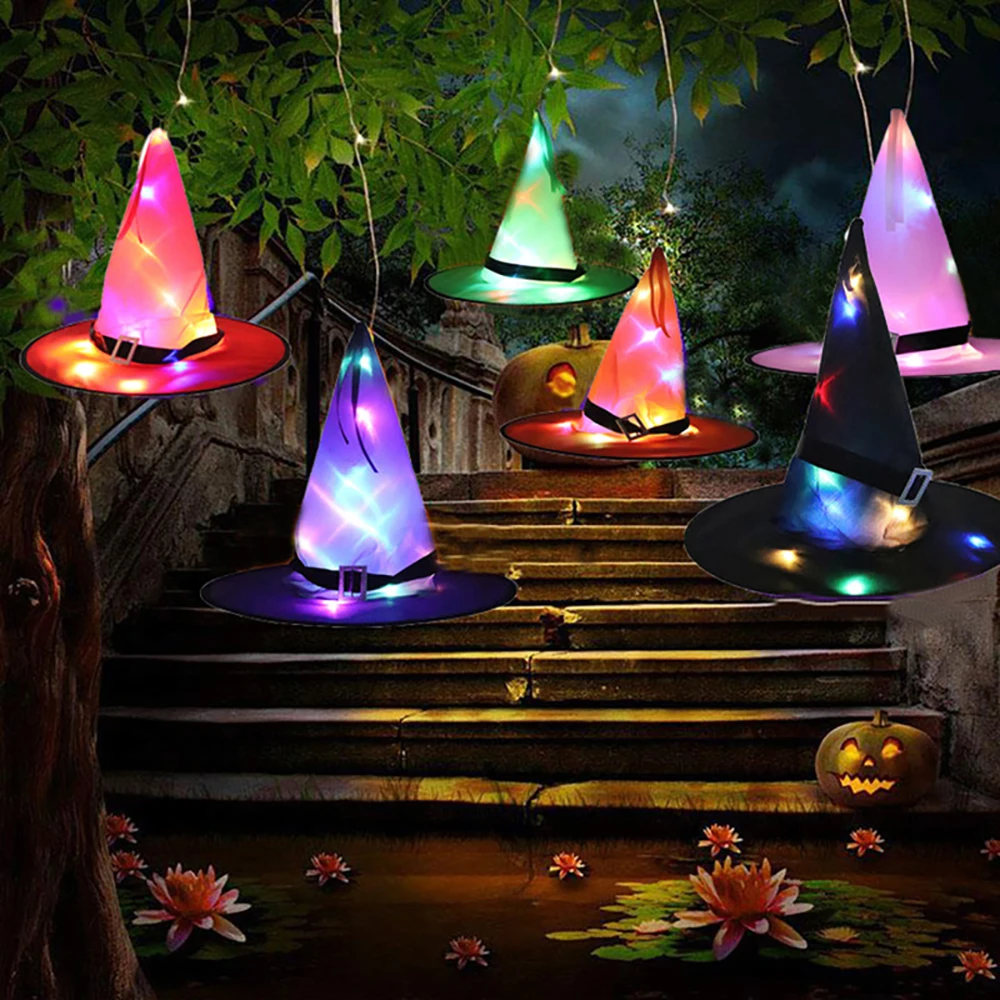 

Halloween Witch Hat with LED Light Glowing Witches Hat Hanging Halloween Decor Suspension Tree Glowing Hat for Kids