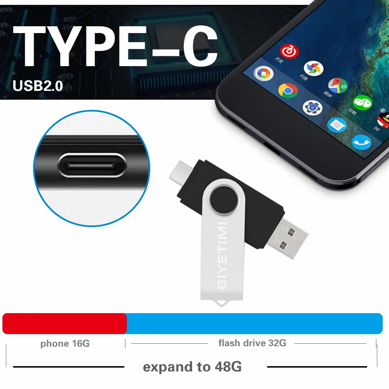 Biyetimi Usb USB Type C флеш накопитель 32 ГБ флэш 64 с поддержкой технологии OTG 128 Гб флешки