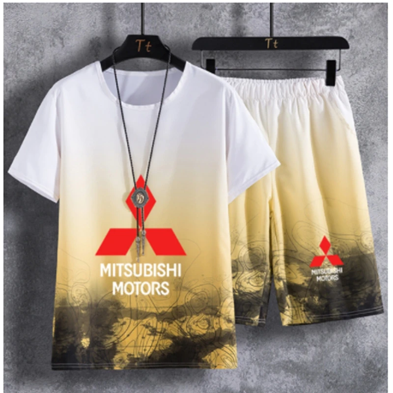 

Summer Men's short sleeve mintsubishi motors Car Logo Printing Cotton High Quality Casual Men's short sleeve P+ pants 2-piece
