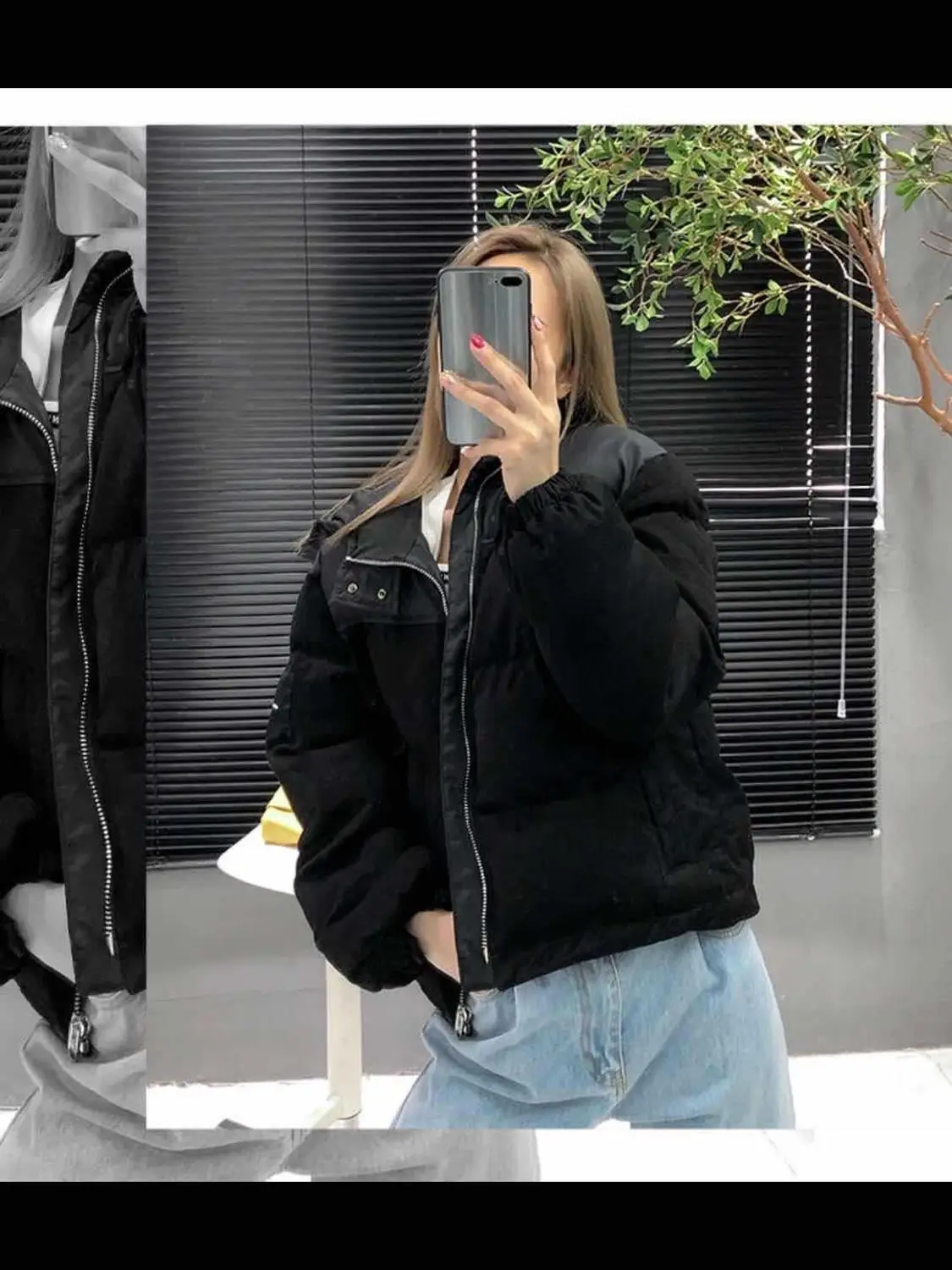 

Color Patchwork Short Jacket Unisex Hooded Zipper Pockets Winter New Coat