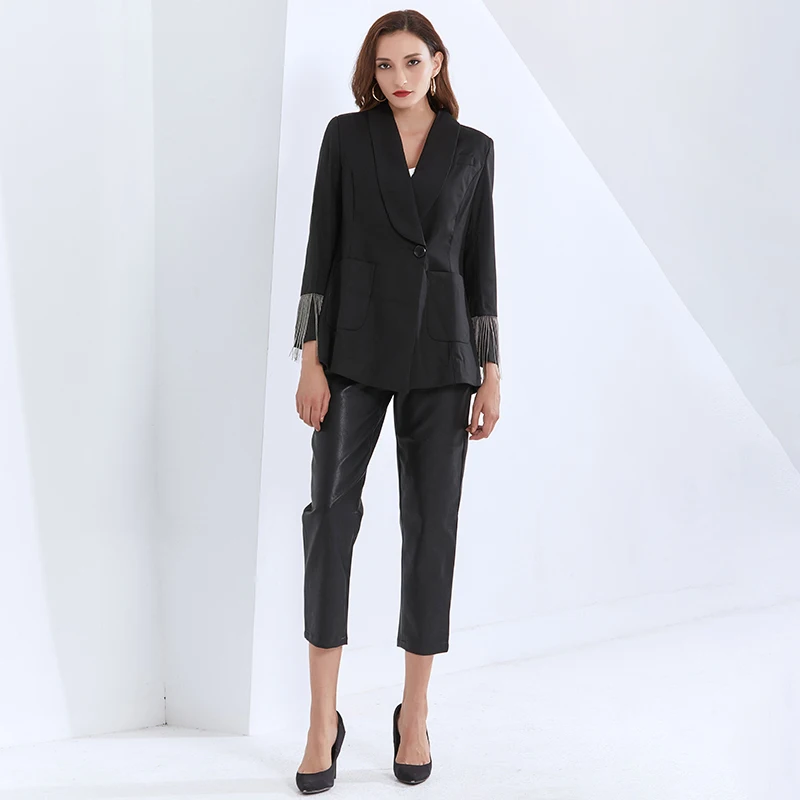 

TWOTWINSTYLE Black Patchwork Tassel Blazer For Women Notched Long Sleeve Back Split Casual Blazers Female Fashion New Clothing