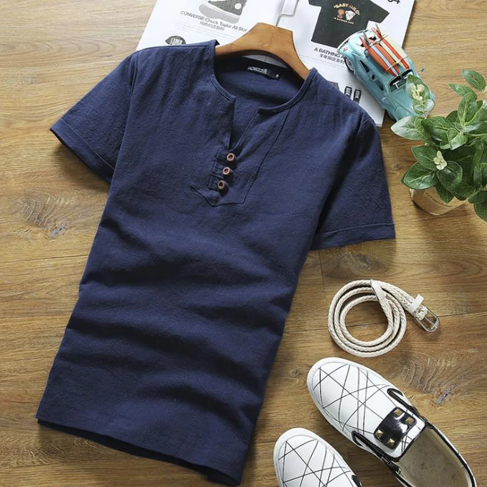 Мужская льняная летняя Однотонная футболка большого размера с коротким рукавом