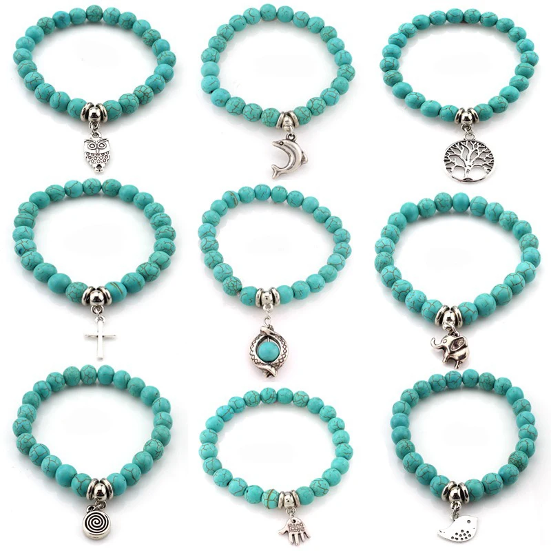 

GRAPES Boho Turquoises Bracelets for Women Men's Handmade Accessories Alloy Pendants Cross Tree Snake Owl Charm Bracelet Bangle