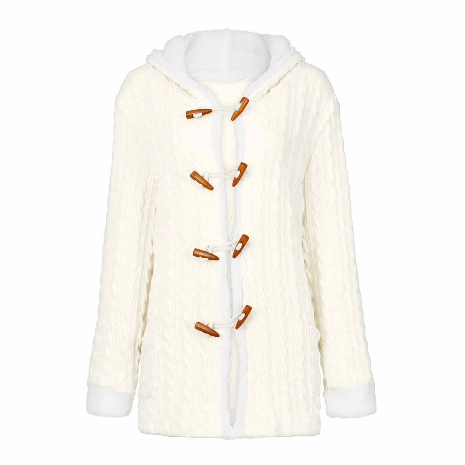 

Loose Wool Coat With Hat Jackets Women Casual Knit Button Long Sleeve Cashmere Thick Warm Hooded Cardigan Coat Abrigos Mujer