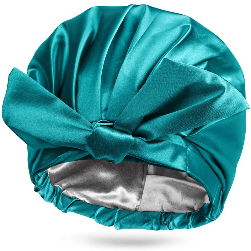 Solid Waterproof Shower Cap Women Elasticized Hem Bow Hair Cover Double satin Lined Bonnet Sleep Night Cap Head Cover Bonnet Hat