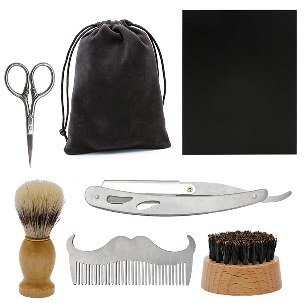 

7 Pcs/Set Men Facial Beard Brush Comb Set Boar Bristle Stainless Steel Comb Hair Razor Shaving Brush Beard Brush Shaving Tool