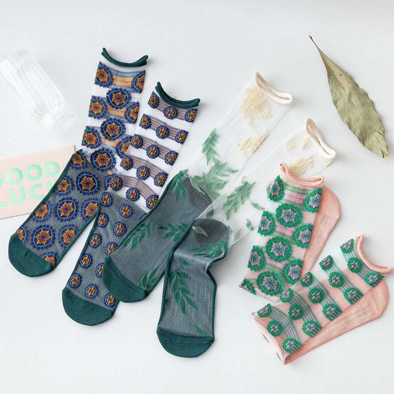 

1 Pair Transparent Flower Designer Socks Harajuku High Quality Women Girls Crew Glass Fiber Silk Fashion Ankle Socks