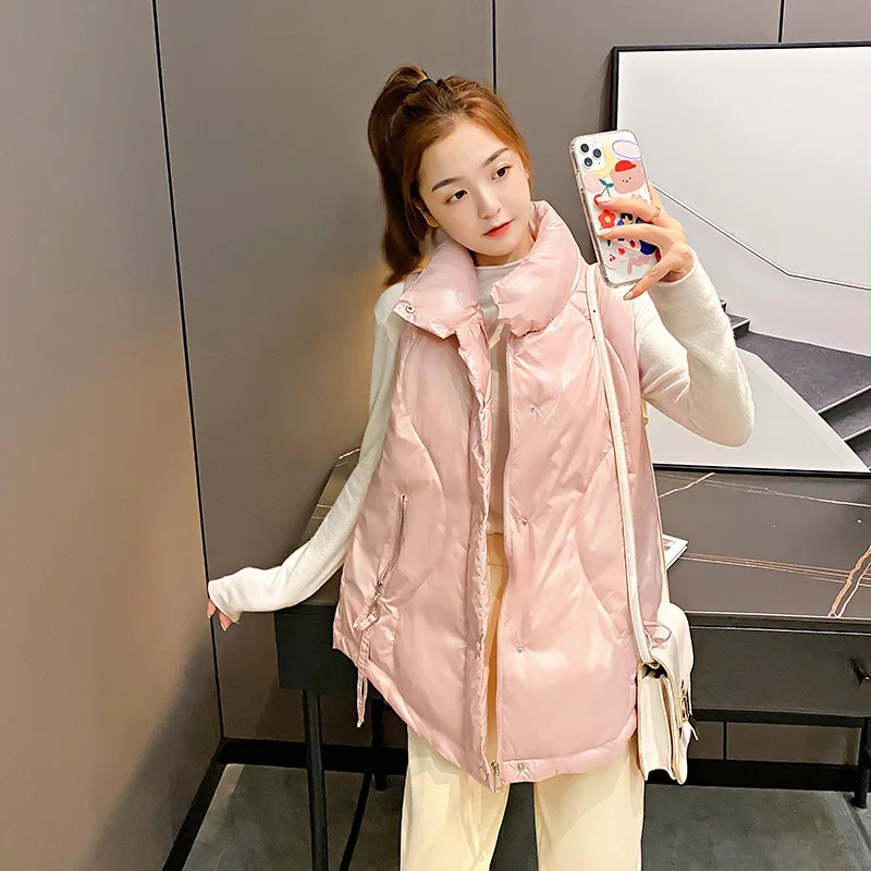 

Однобортный Теплый жакет на молнии, блестящий хлопковый жилет на пуху, осенне-зимняя модная женская куртка, Свободный жилет с воротником-ст...