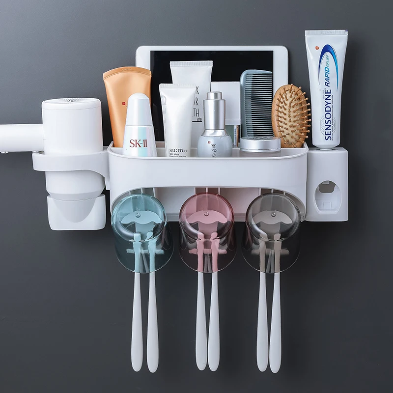 3 Cups Toothpaste 1Pc Автоматический диспенсер для зубной пасты, соковыжималка, держатель для зубной щетки, стойка для хранения макияжа, фен, полка-органайзер для ванной, аксессуары - Цвет: 3 Cups Toothpaste