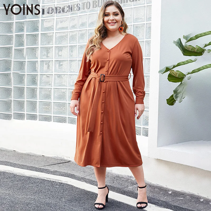 YOINS элегантное платье миди с поясом v образным вырезом пуговицами передними
