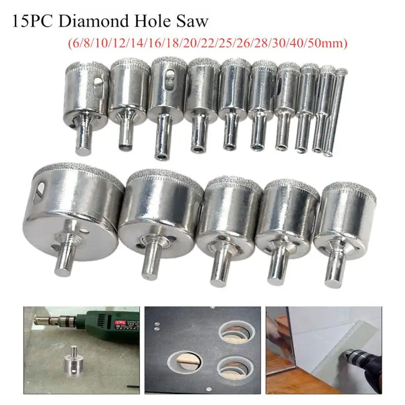 

15pcs Diamond Coated Drill Bit Set Glass Ceramic Tile Marble Hole Saw Drilling Opener Set Power Tool Accessories 6-50MM dropship
