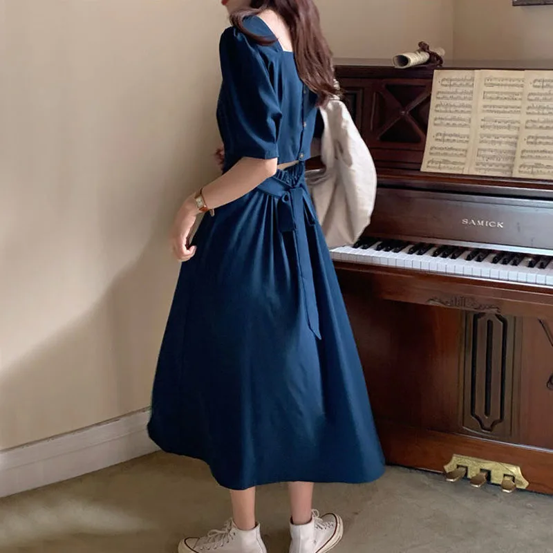 

2021 French Dress Women's Summer Gentle Style Square Collar Women's Dress Black Dress Short Sleeve Vestidos Femme 14497