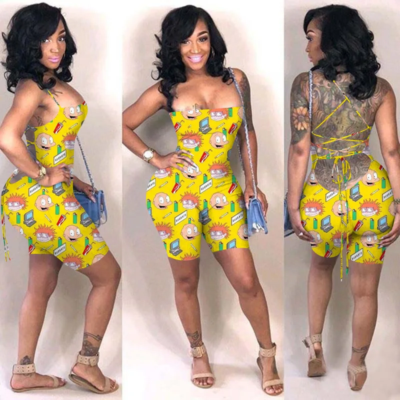 

New fashion cartoon printing bodysuit summer slim square collar sleeveless women's Vest shorts