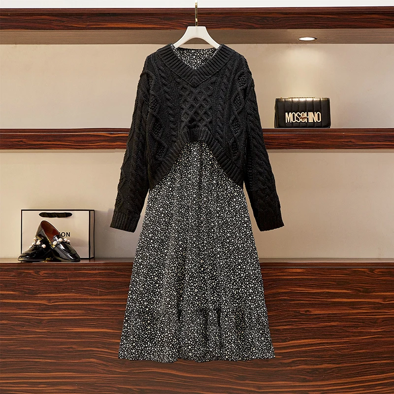 

Plus Size Women Vintage Print Chiffon Dresses Sets Korean Autumn Winter Long Sleeve Knitted Sweater And Dresses Two Piece Sets