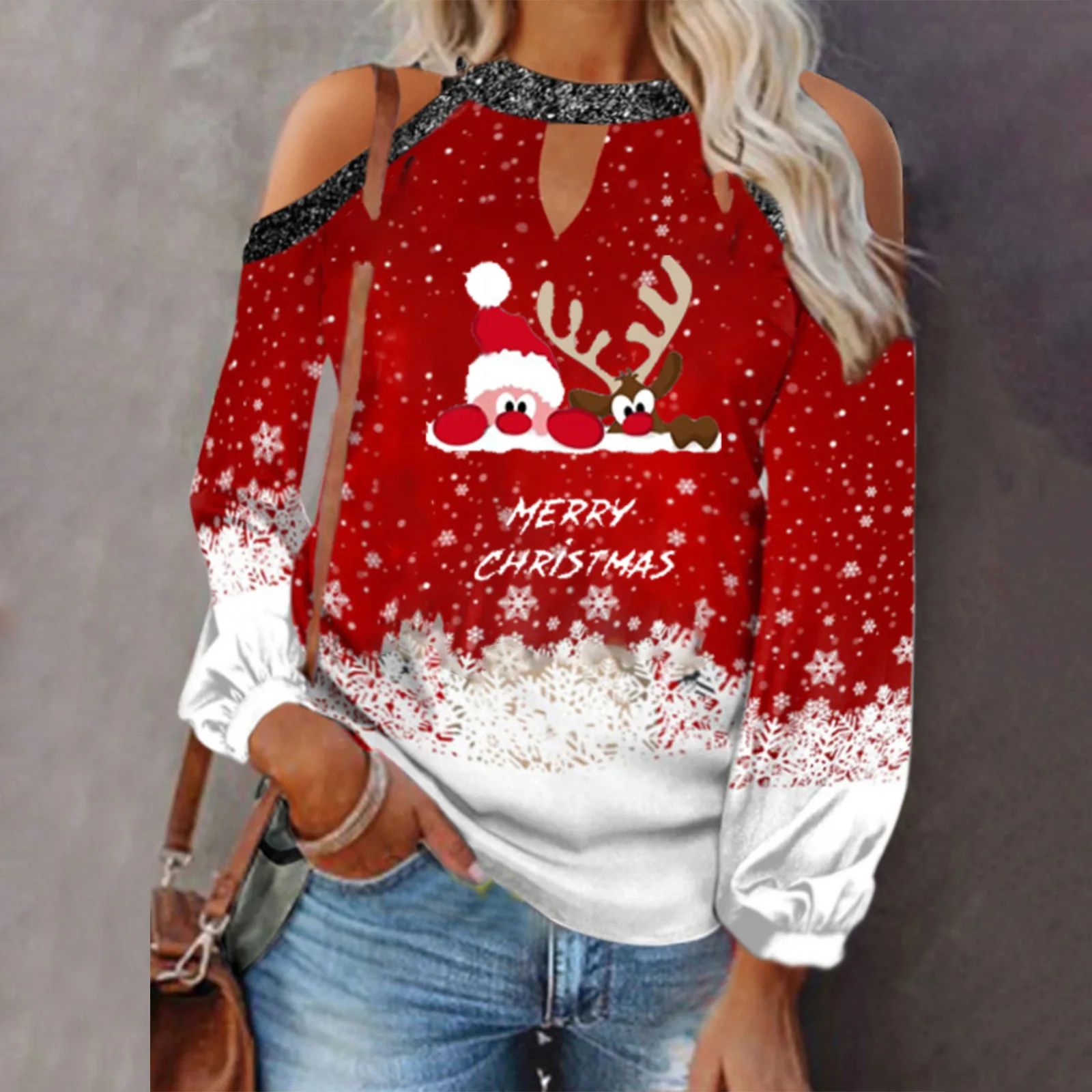 

Женская футболка с длинным рукавом и круглым вырезом, с принтом Санта-Клауса