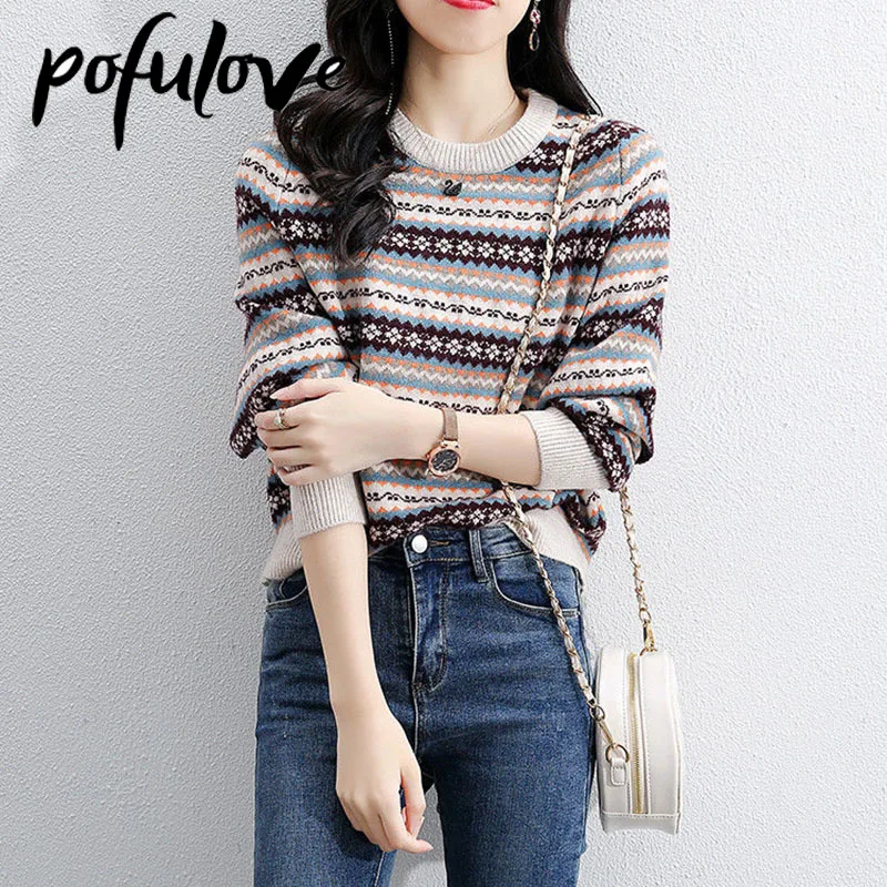 Свитер женский в этническом стиле пуловер ретро вязаный Свободный Топ трендовый