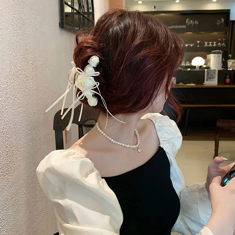 

Korea Sweet Wide Hair Hoop Shark Clip Elegant White Rose Flower Hair Accessories Fashion Geometric Hair Claws Hair Clip