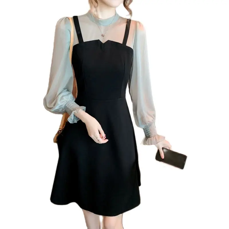 

Платье женское весеннее с длинным рукавом, белое газовое платье с фальш-двумя кондольными ремнями, с французскими вставками, 2021