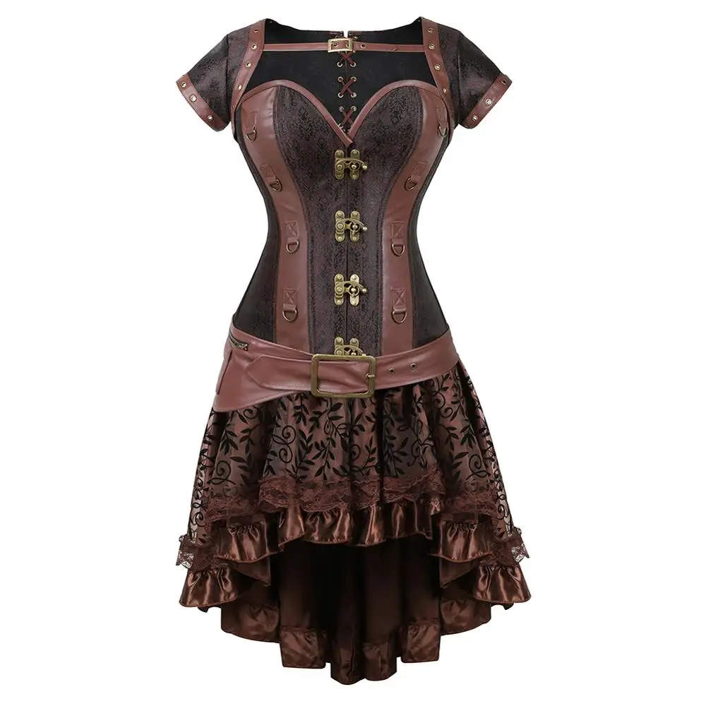 Steampunk Corset Plus Size Gothic Punk Leather Bustier Corset Dresses for Women Lace Skirt Set Burlesque Halloween Cosplay