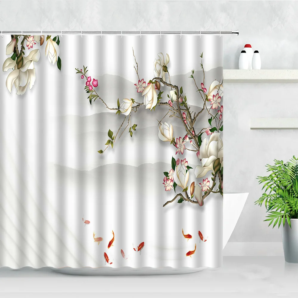 relief white flowers swan shower curtains pearl diamond design water 3d printing bathtub decor hooks fabric bathroom curtain set free global shipping