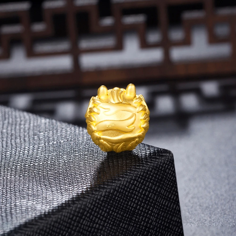 Pure 999 24K Yellow Gold Men Women Dragon Bead Pendant 14mm 1.3-1.4g
