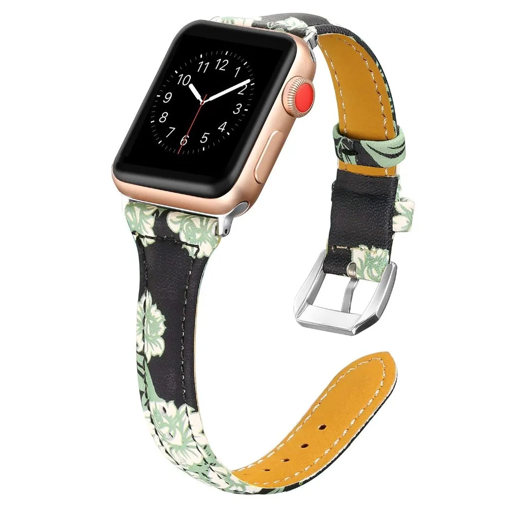 

Ремешок кожаный для Apple Watch band 38 мм 42 мм, тонкий браслет из натуральной кожи с цветами для iWatch series 3 4 5 se 6 band 44 мм 40 мм