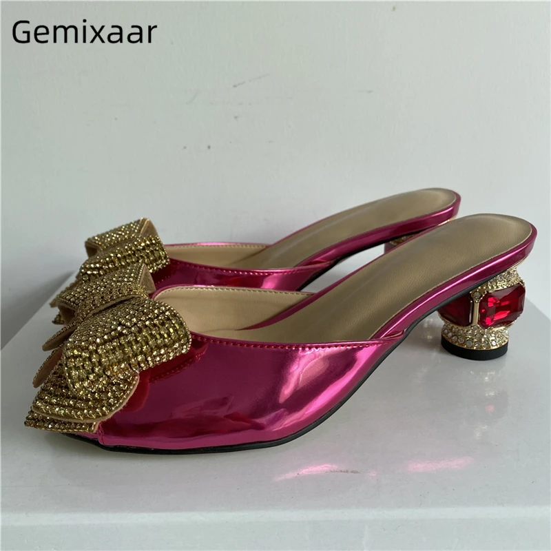 

Jeweled Rhinestone Butterfly-Knot Sandals Women Diamond Crystal High Heel Slingbacks Peep Toe Patent Leather Mules Summer