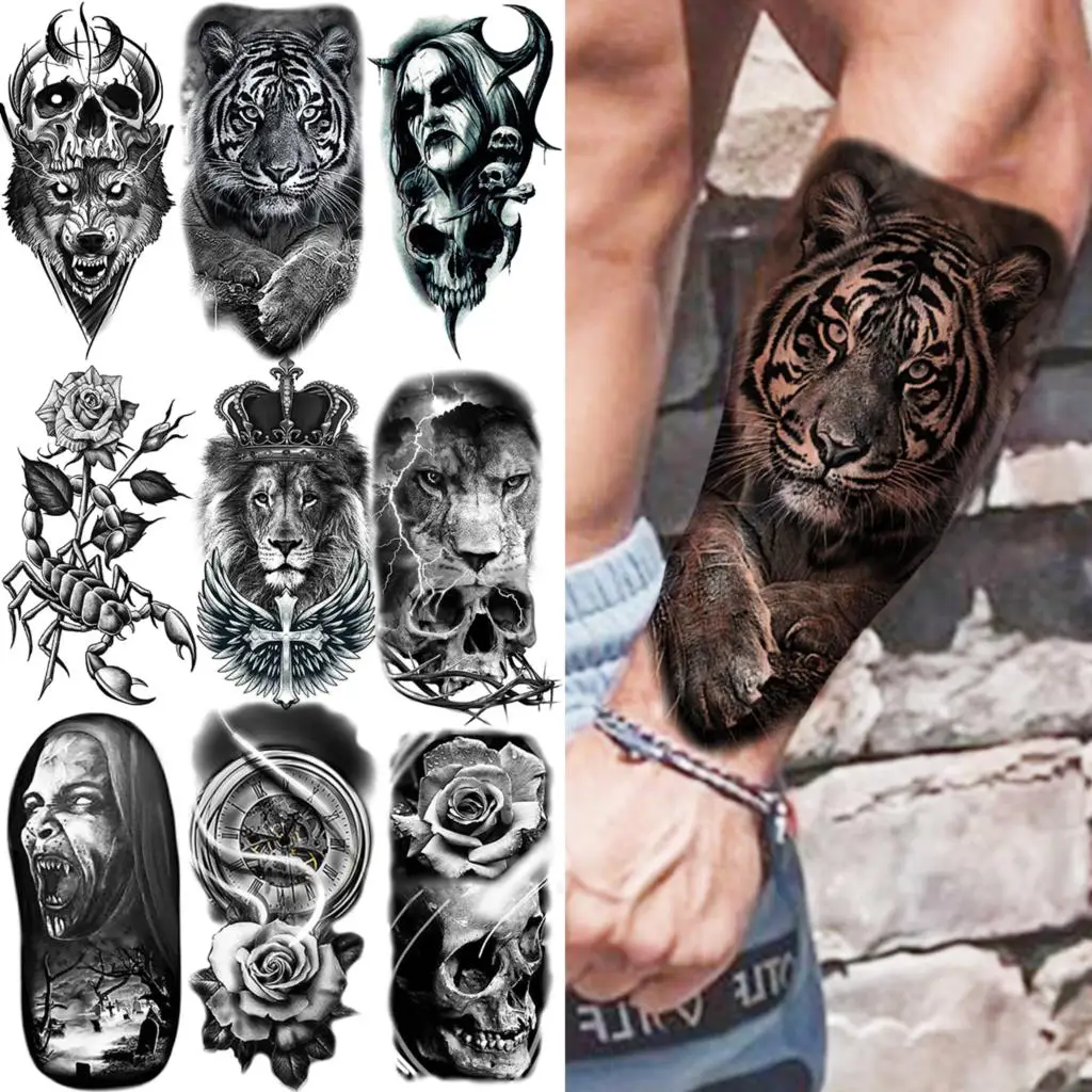 

Black Tiger Temporary Tattoos Realistic Wolf Vampire Lion Scorpion Skull Crown Fake Tattoo Sticker Leg Arm Tatoos For Men Women