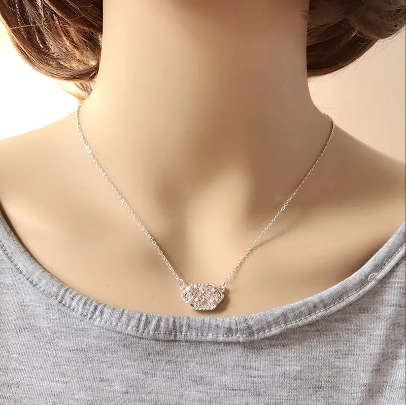 S pink 20 опций Druzy Кулон из друзы ожерелье Шестигранная Смола Druse Серебро Золото Цвет цепи воротник модный бренд ювелирные изделия для женщин девушка подарок - Окраска металла: S pink