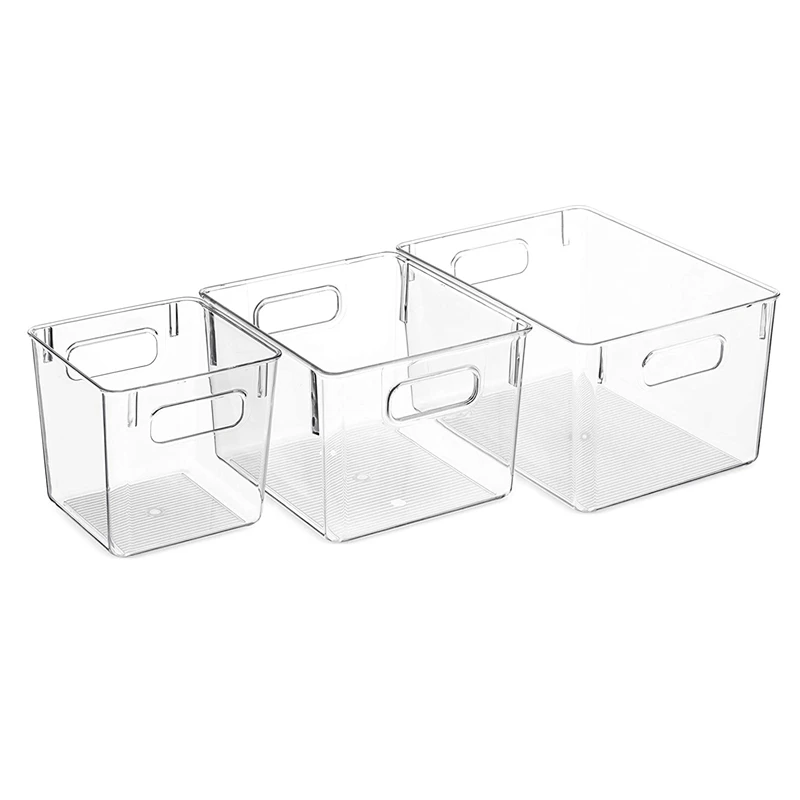 

Набор из 3 прозрачных бытовых пластиковых корзин для хранения еды с вырезами для кухни, холодильника