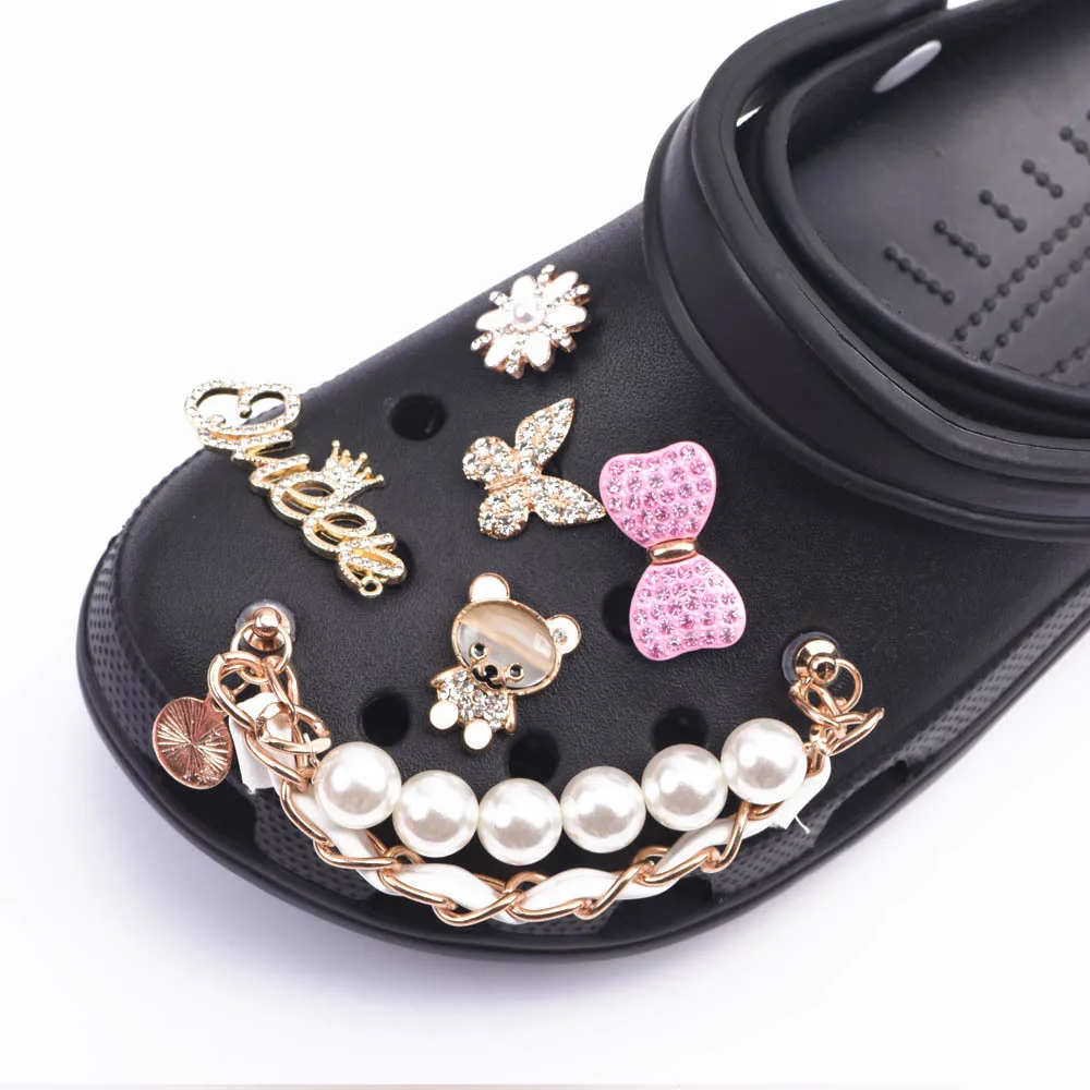 

Metal Sets Rhinestone Croc Shoe Charms Chain Accessories Girl Bracelet Shinny Wristband Bling Pearl Decorations Gift