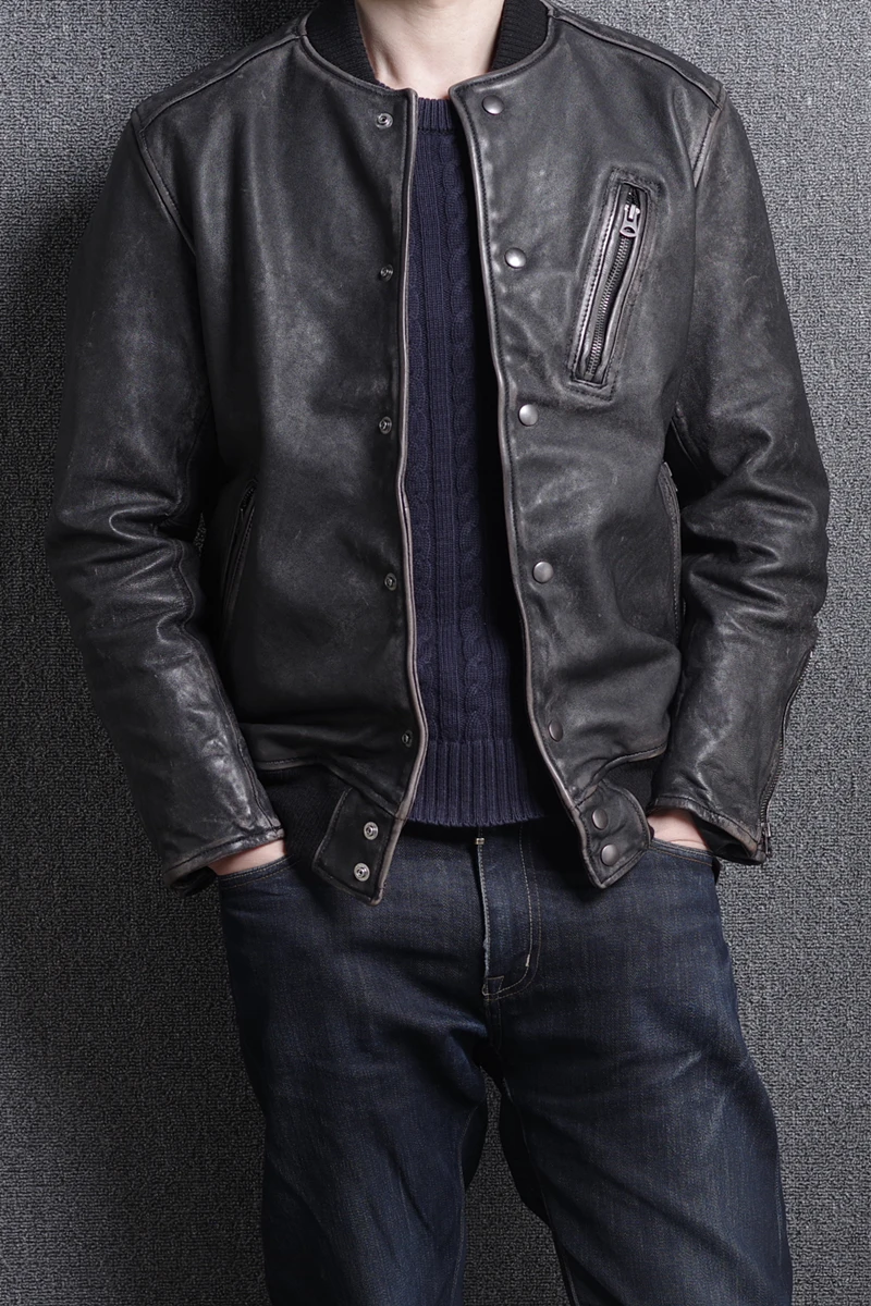 

2021 men's japanese vintage real rub color sheepskin baseball jacket men stand collar leather coat male