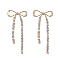 korean cute bowknot crysta clip on earring for women long tassel rhinestone non pierced earrings statement earrings jewelry