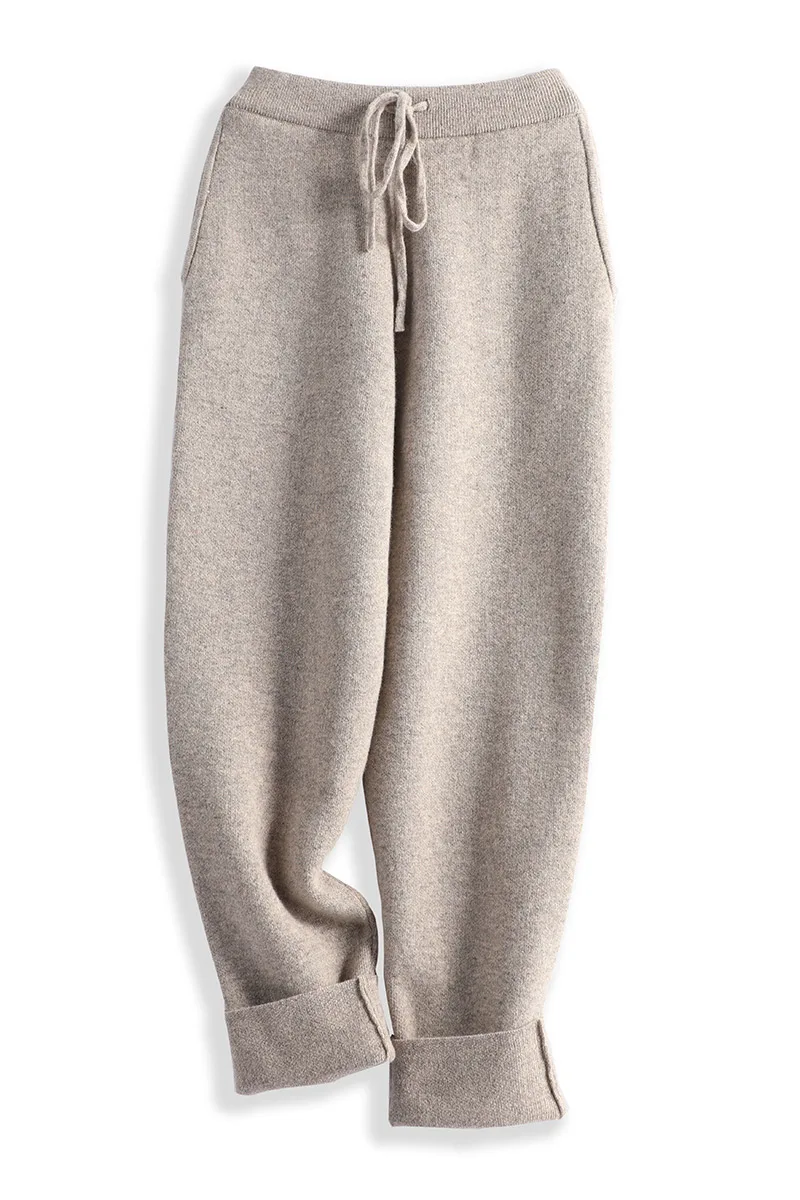 Женские прямые брюки из 100% чистой шерсти трикотажные с эластичным поясом плотные