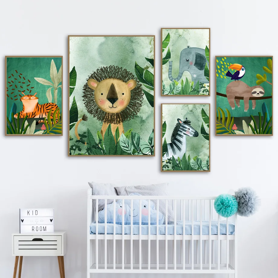 Настенная картина для детской комнаты, постер на холсте с изображением джунглей, Льва, слона, жирафа, зебры, леопарда, скандинавский декор, к...