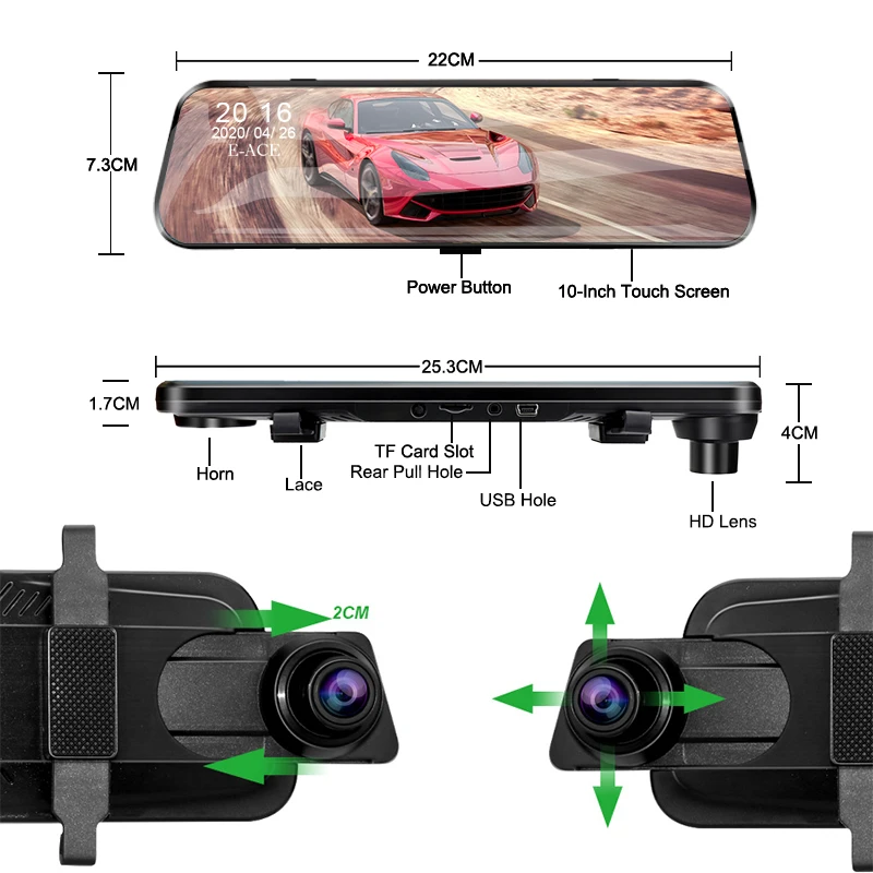 $57.30 Acceo Car Dvr 10 Inch Touch Screen Video Recorder Auto Registrar Stream Mirror Support Rear View Camera Night Vision Dash Cam