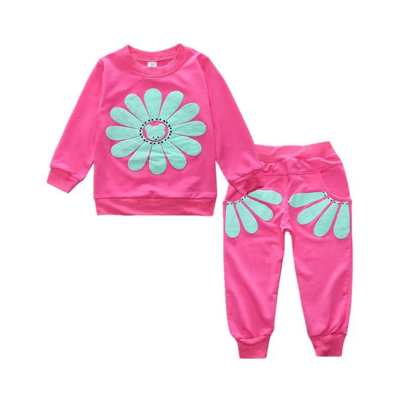 

2021 spring and autumn new girl long-sleeved suit female baby long-sleeved sun flower top + pants cotton casual two-piece suit