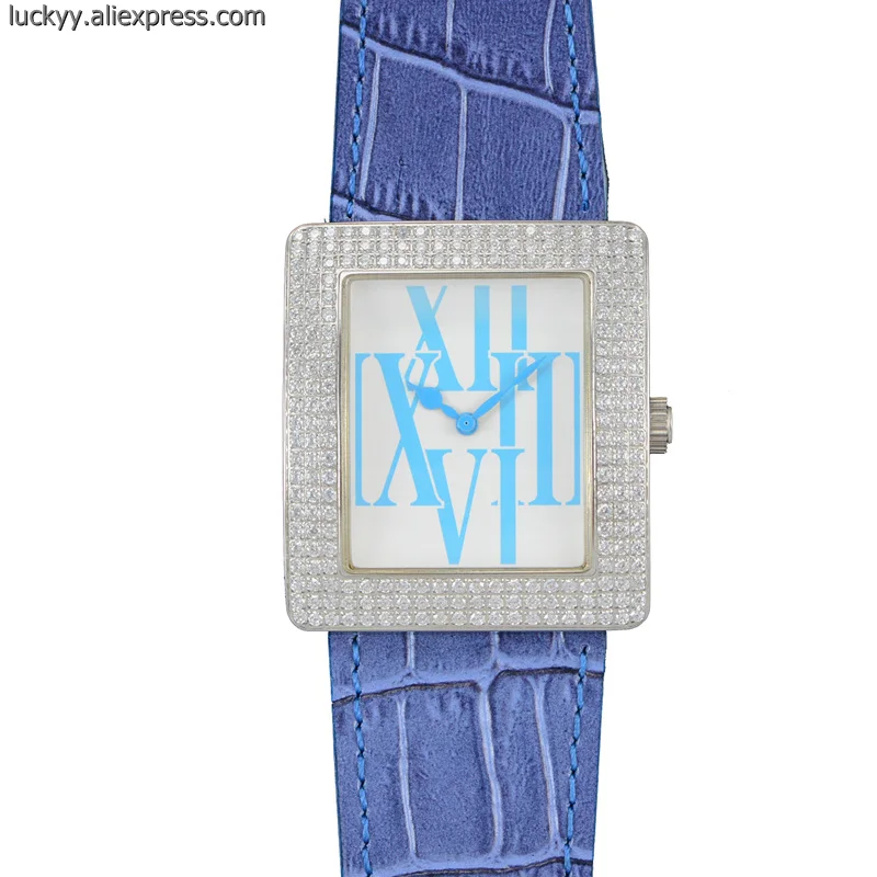 Square Fashion Quartz Women's Watches Steel Case with Diamond Girls Clock Blue Leather Strap High Quality A176