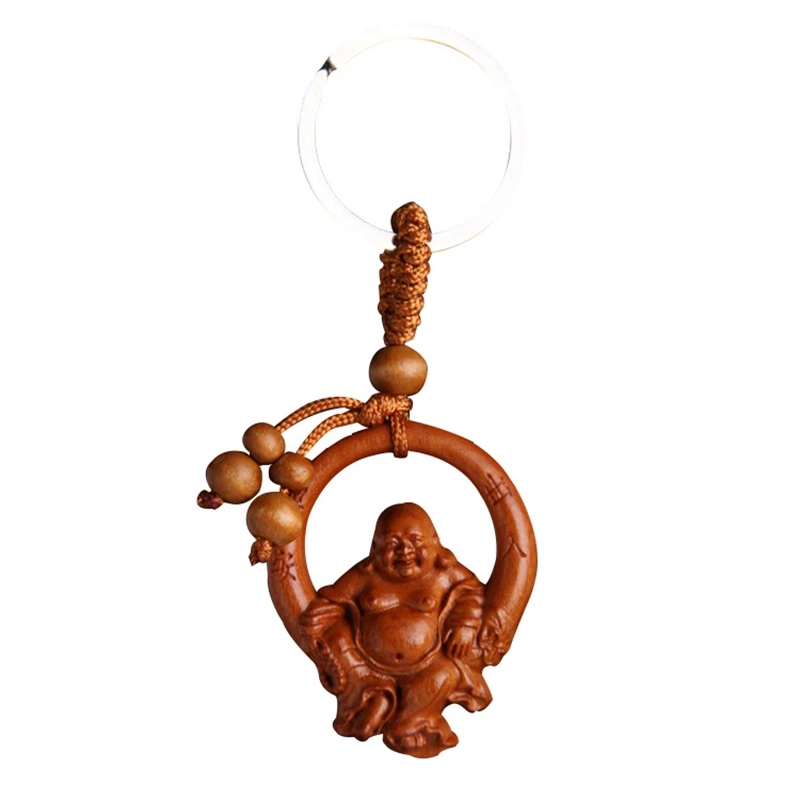 

Wooden Three-Dimensional Engraving Keychain Lifelike Buddha Pendant Key Ring Jewelry Gift for Car Accessories